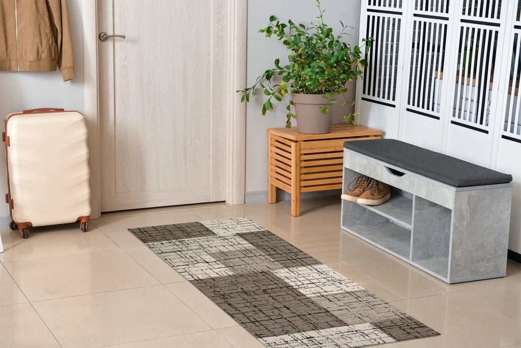 Tappeto Arredo Moderno Morbido in Ciniglia Ingresso Antiscivolo Prodotto Italiano  Soggiorno Camera Salotto Disegni Piazzati Cotone Varie Misure Grande Mondrian/Grigio - 65x300 cm