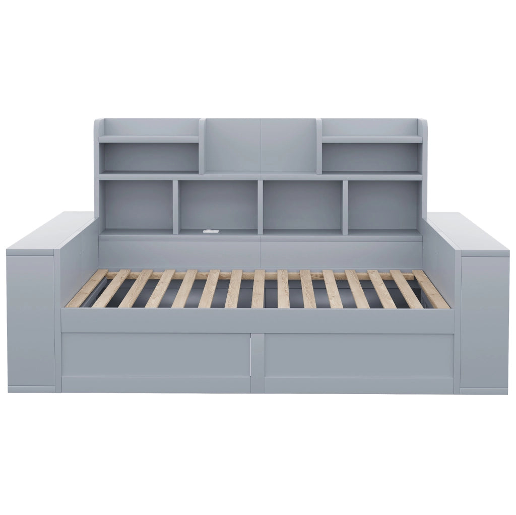 Divano letto 90x200 cm con contenitore idraulico, LED e prese in compensato e MDF grigio