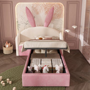 Letto per bambini 90x190 cm con testiera imbottita in velluto, orecchie con contenitore e comodino beige e rosa (senza materasso)
