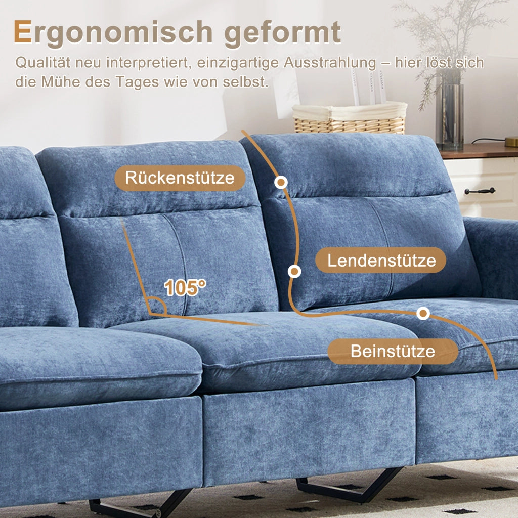 Divano panoramico modulare a 4 posti in ciniglia blu con due pouf contenitore e gambe in legno per soggiorno