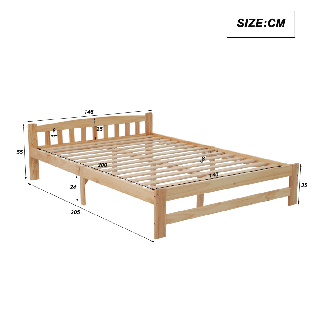 Letto matrimoniale 140x200 cm in legno massello di pino; colore naturale con testiera e doghe