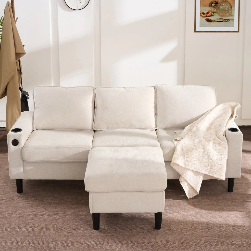 Divano 3 posti beige in lino con porte USB, Type-C, due portabicchieri e pouf modulabile