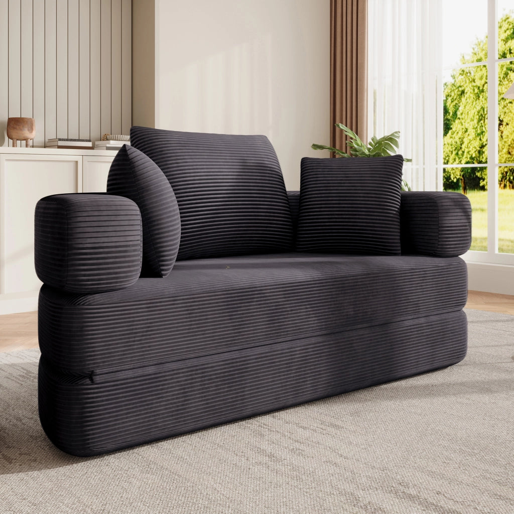 Divano letto pieghevole 2 in 1 con cuscini; 173 x 176 cm; rivestimento nero in velluto a coste