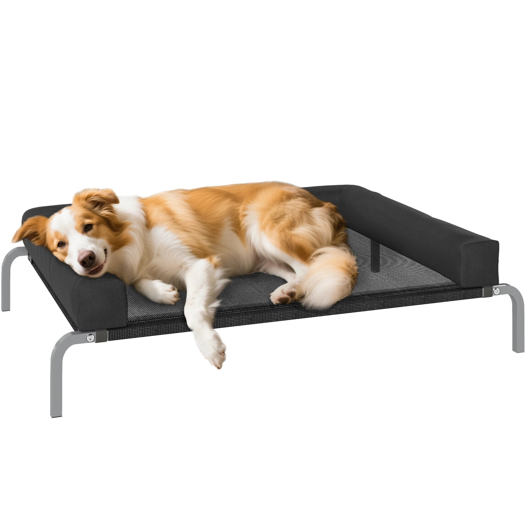 Lettino per Cani Rialzato con Cuscino ¨C Minimal ¨C Nero e Argento, Poliestere e Acciaio, 110x75x30 cm