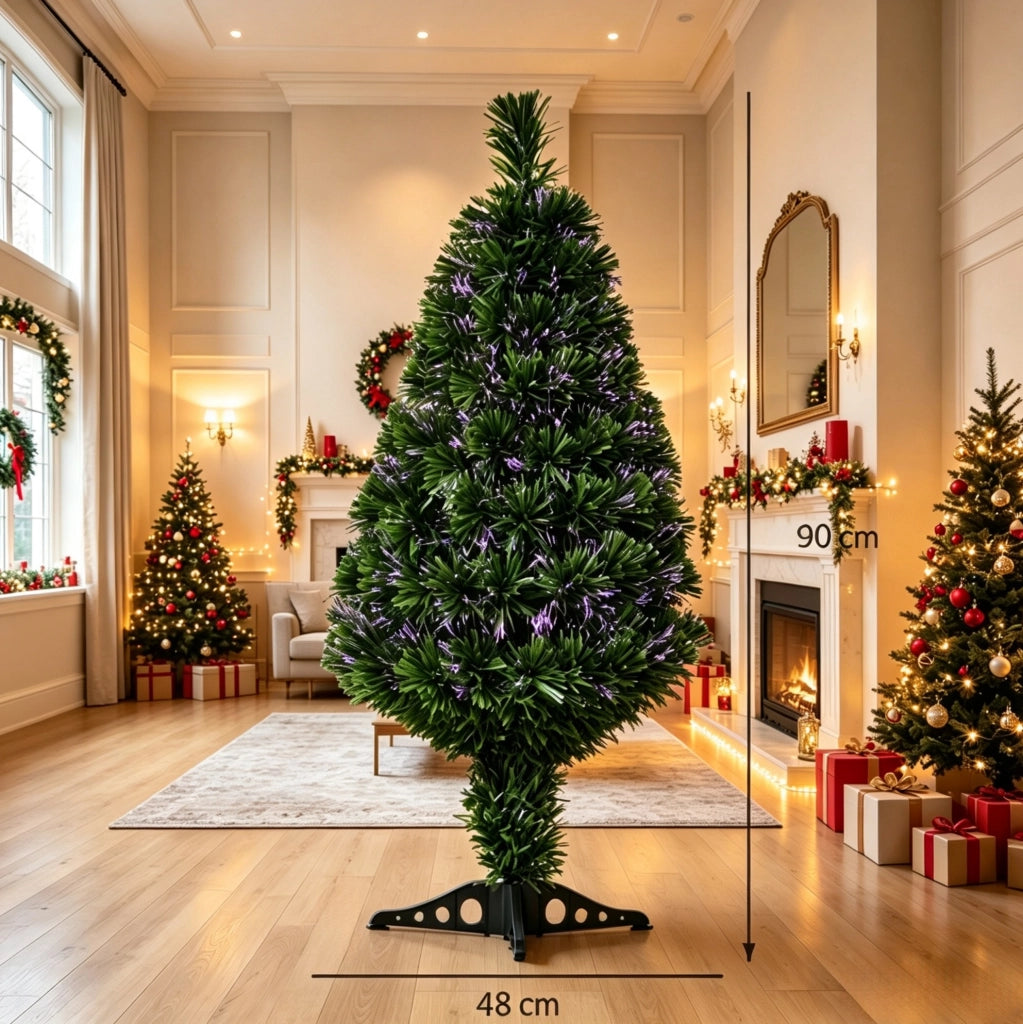 Albero di Natale artificiale illuminato con fibra ottica multicolore, 90 rami, altezza 90 cm, base stabile in plastica