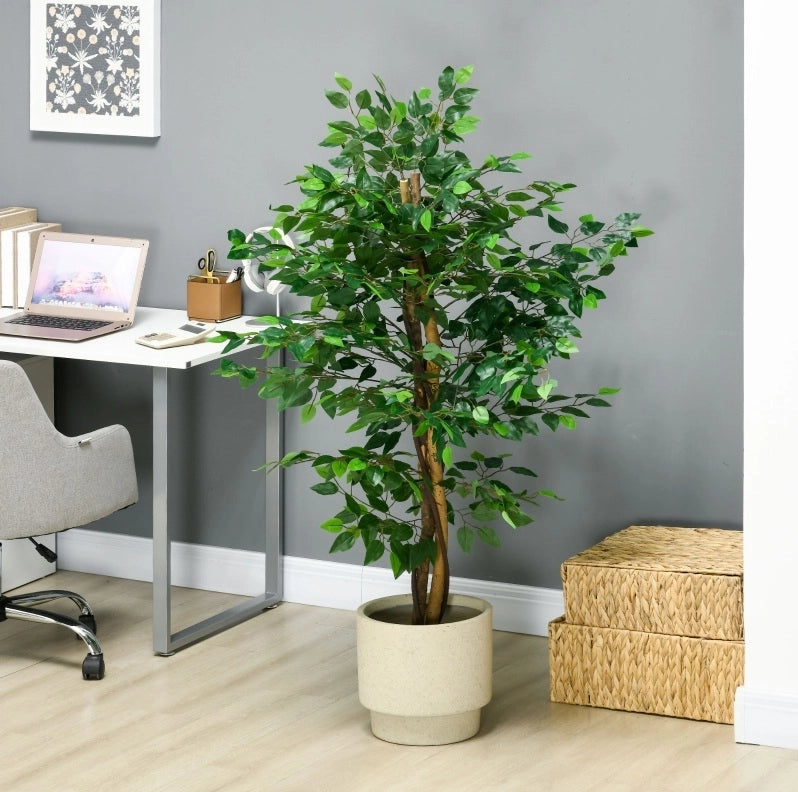 Ficus artificiale ULEVR 150 cm con 882 foglie, vaso in cemento e muschio decorativo, verde