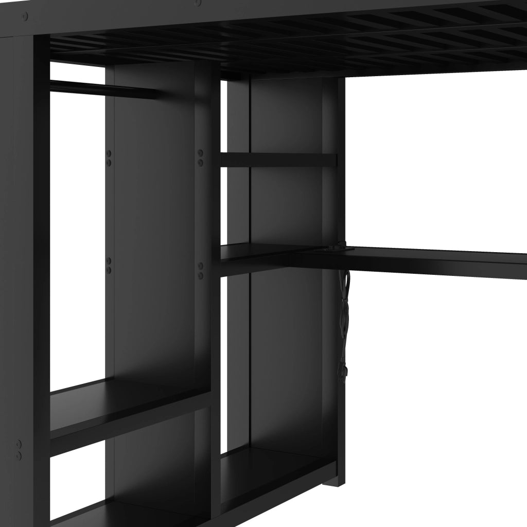 Letto a Soppalco 140x200 cm con Scrivania; Armadio; LED; USB; Scala e Sponde; Nero
