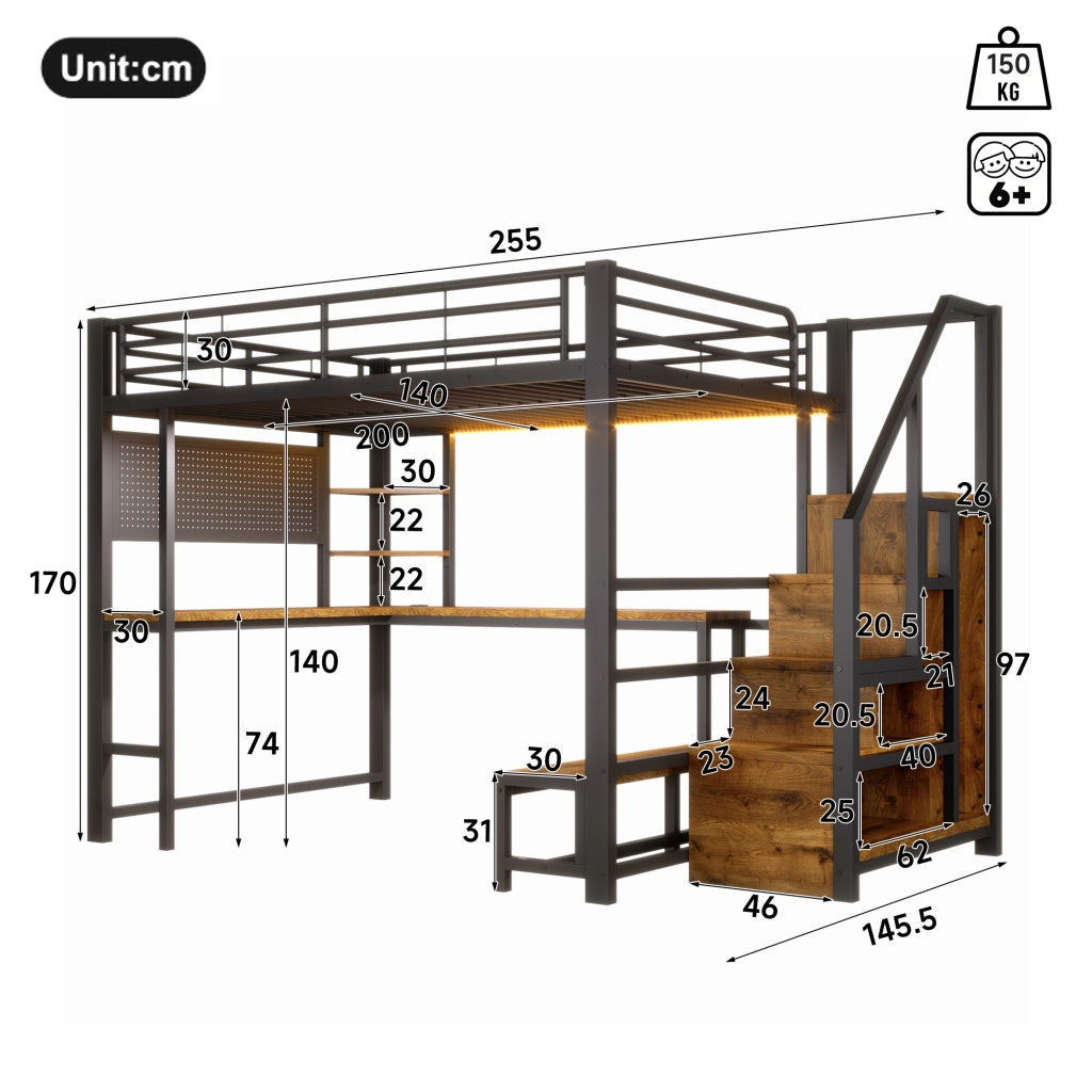 Letto a soppalco 140 × 200 cm con scrivania, ripiani, USB e USB-C, struttura in metallo e MDF nera