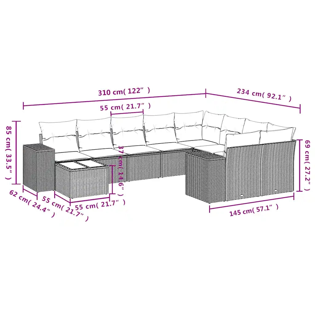 Set Divani da Giardino 10 pz con Cuscini Nero in Polyrattan 3223056
