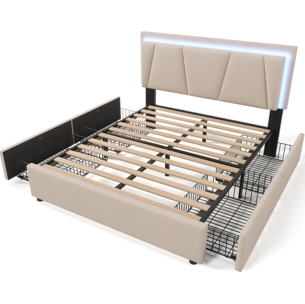 Letto matrimoniale imbottito 140x200 cm con illuminazione LED, 4 cassetti e testiera regolabile in altezza, beige