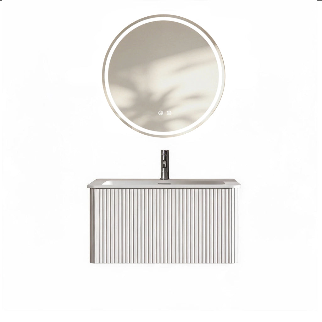 Set mobili bagno bianco: lavabo 80 cm con mobile sottolavabo e armadio a muro preassemblato. Armadio striato con 1 cassetto. Specchio LED rotondo 80 cm incluso.