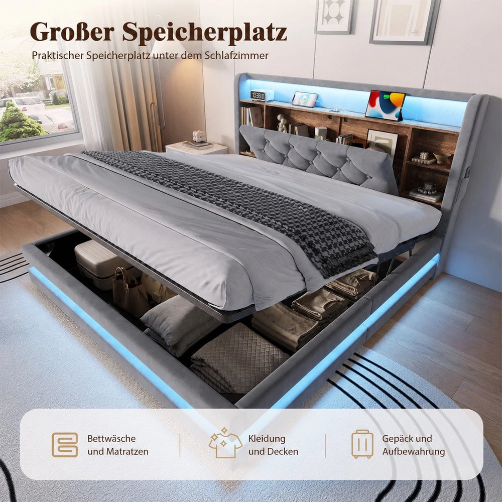Letto imbottito contenitore ¨C Minimal ¨C grigio scuro velluto 140x200cm con testiera LED idraulico rete a doghe