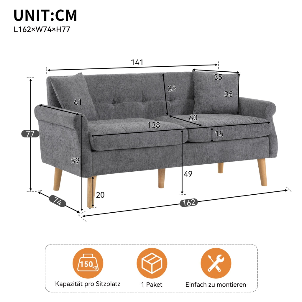 Divano 2 posti 162x74x77 cm in ciniglia grigio con gambe in legno massello