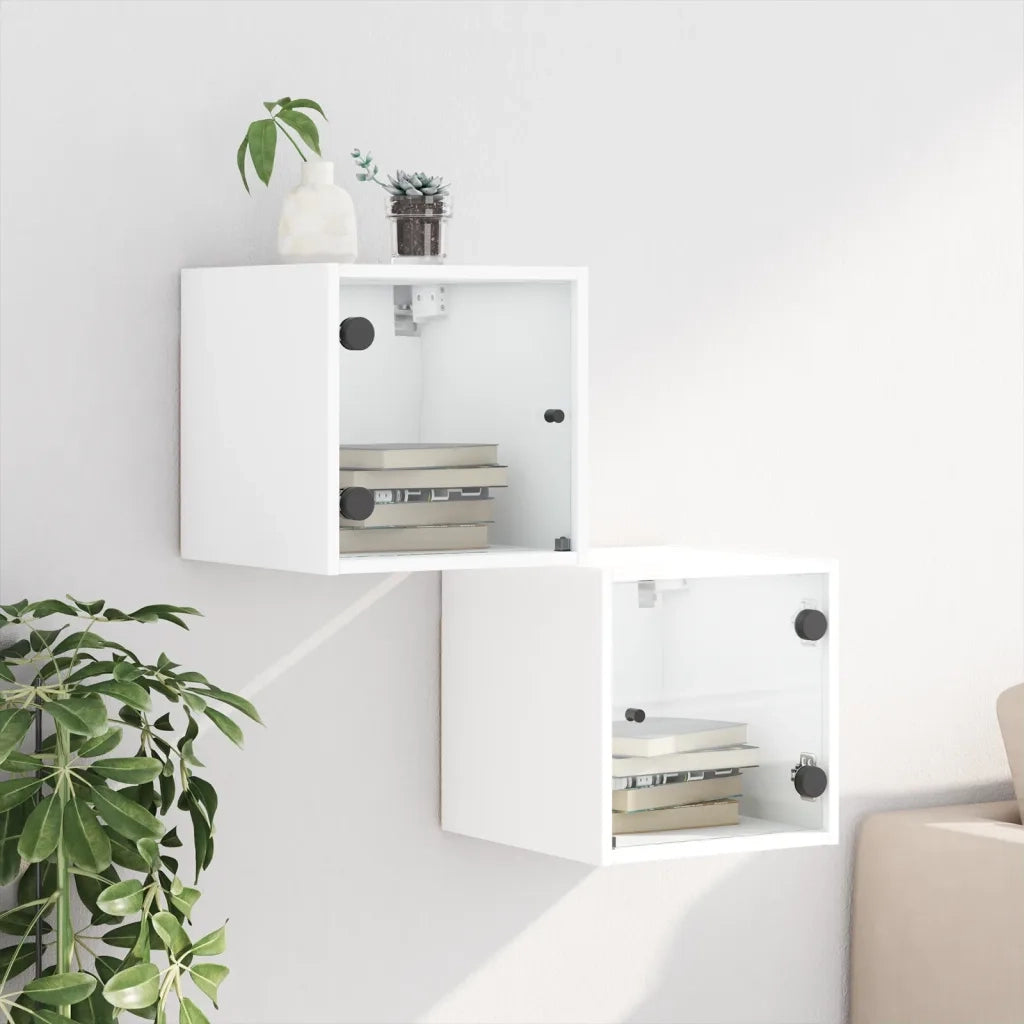 Set di 2 Comodini | Armadio da Notte | Mobiletto da notte con Ante in Vetro Bianco 35x37x35 cm