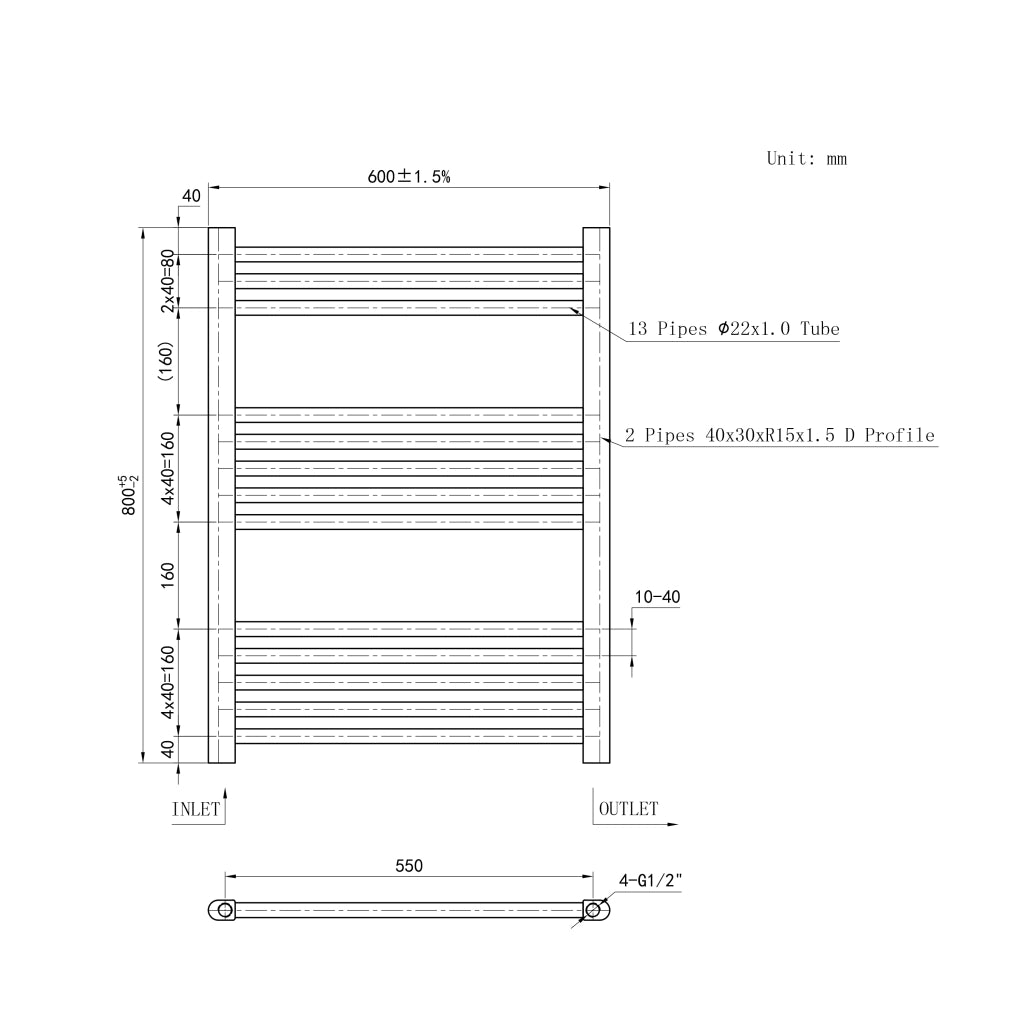 Termoarredo Bagno Scaldasalviette Acciaio al carbonio Termosifone Antracitico 800x600mm