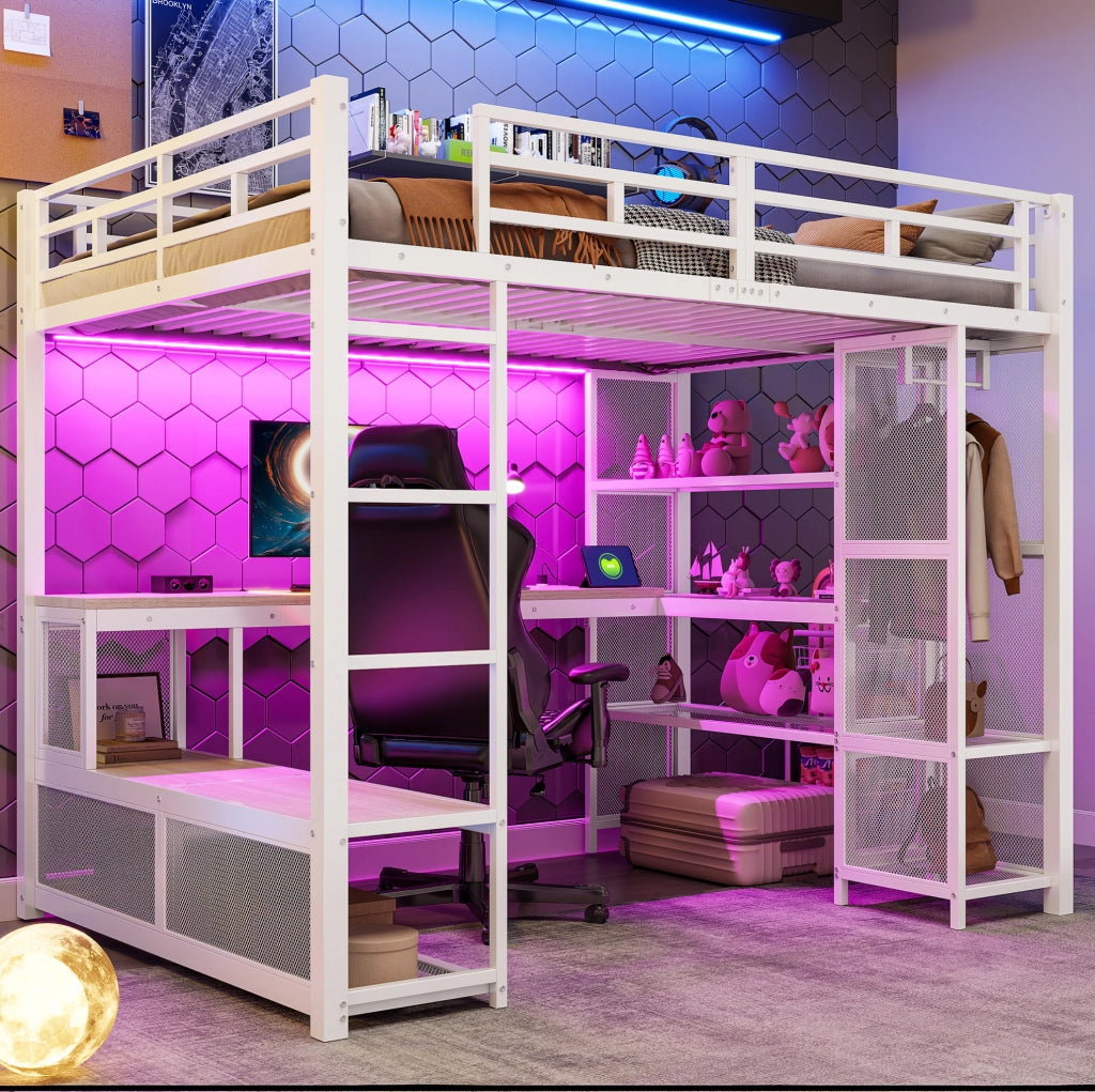 Letto a soppalco 140x200 cm con scrivania e LED in metallo e MDF bianco