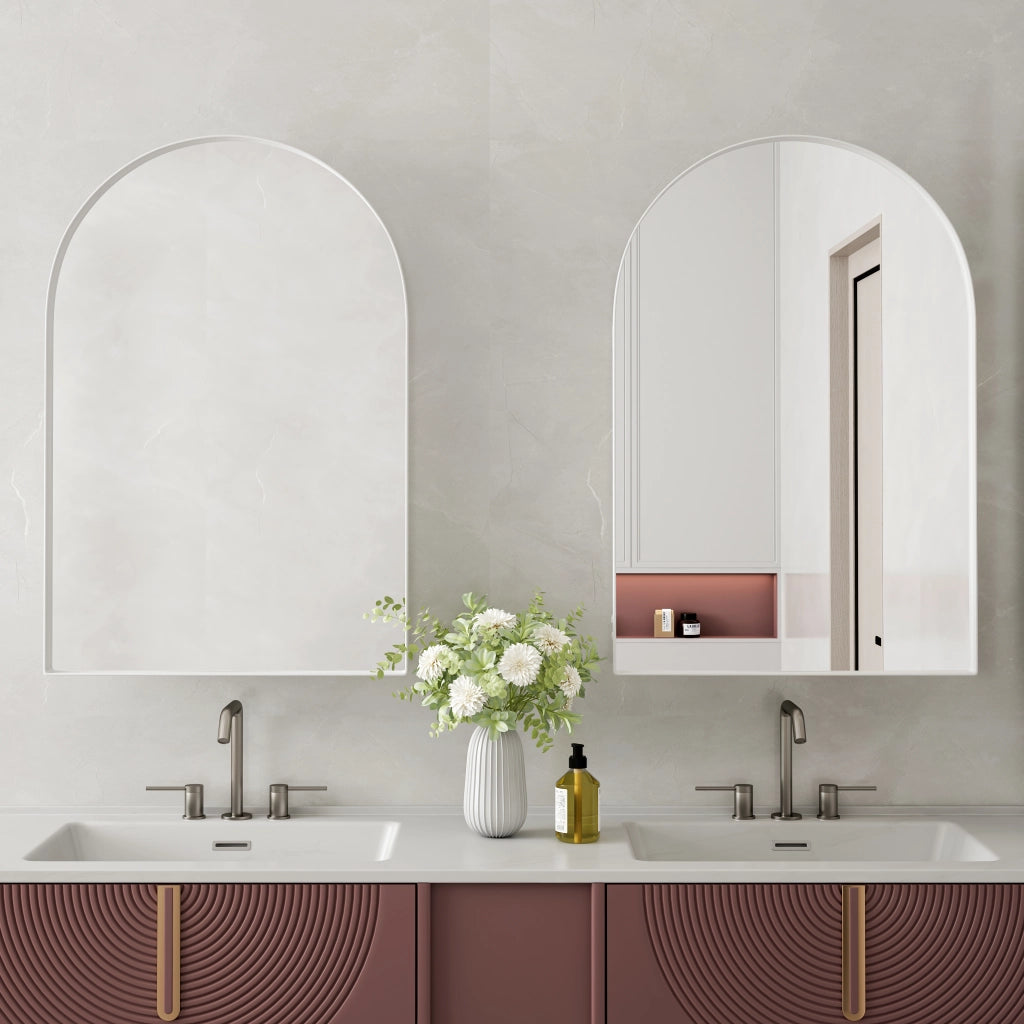Armadietto a specchio ad arco a parete o a incasso con ripiani regolabili in metallo bianco
