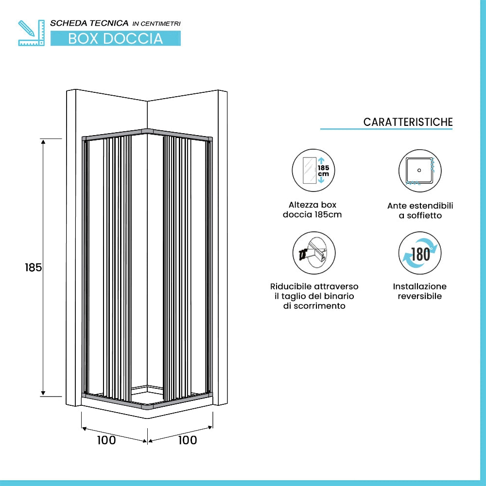 Box doccia angolare 100x100 a soffietto in PVC con apertura centrale Teti
