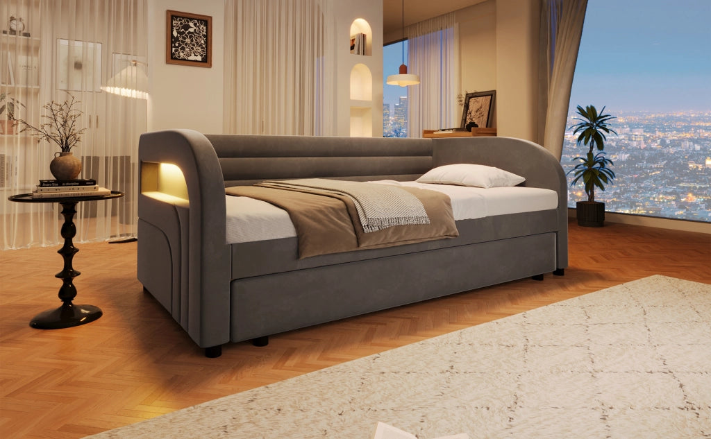 Letto Contenitore Imbottito 90x200 cm con Letto Estraibile; LED; Grigio