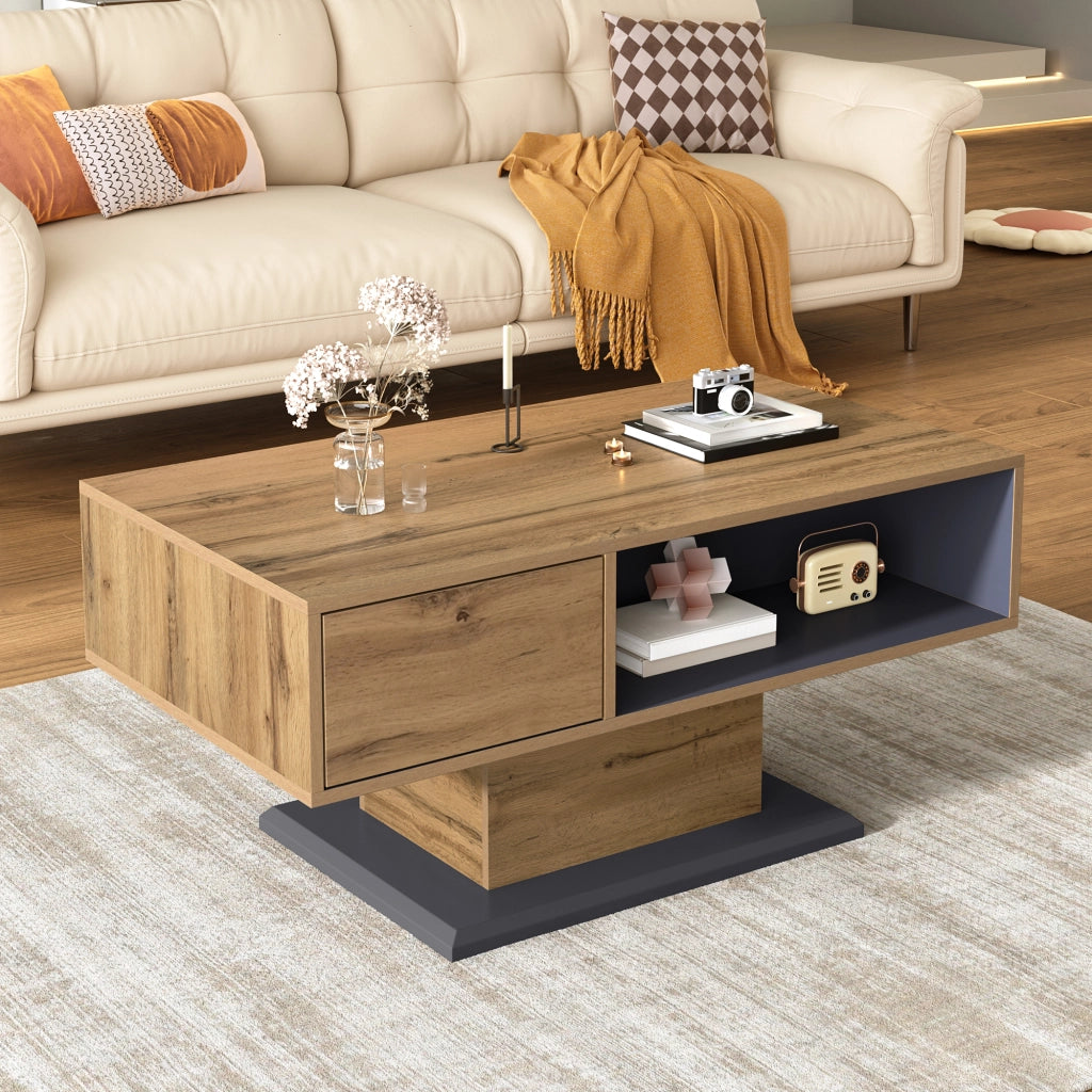 OKWISH Tavolino da Caffè Moderno con Vani su Due Lati e Scomparto Interno, per Soggiorno, Grigio Rovere, 100 x 50 x 46,5 cm
