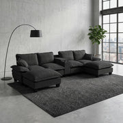 Divano Modulare a U con Ottomane, Contenitore, USB e Cuscini ¨C MINIMAL ¨C Chenille Nero