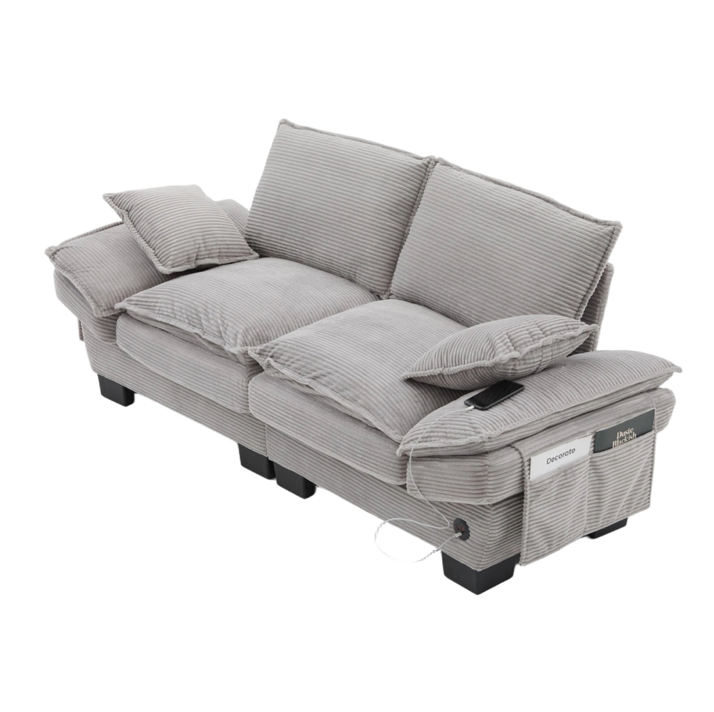Divano 2 posti in tessuto corduroy grigio chiaro; 190x73x84 cm; con porta USB-C e tasche laterali