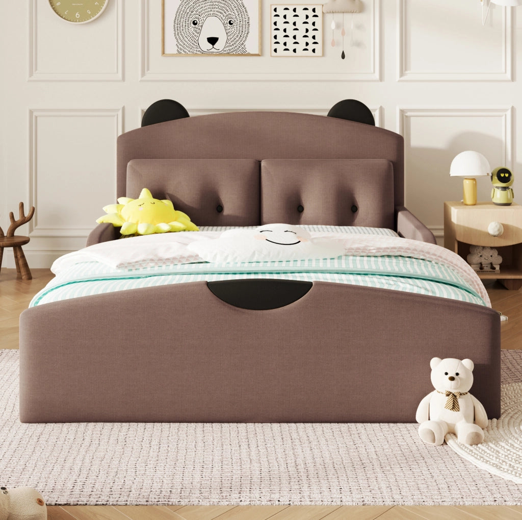 Letto imbottito 140x200 cm con testiera a orsetto e 2 cuscini; rivestimento in lino color caffè HOMVRA