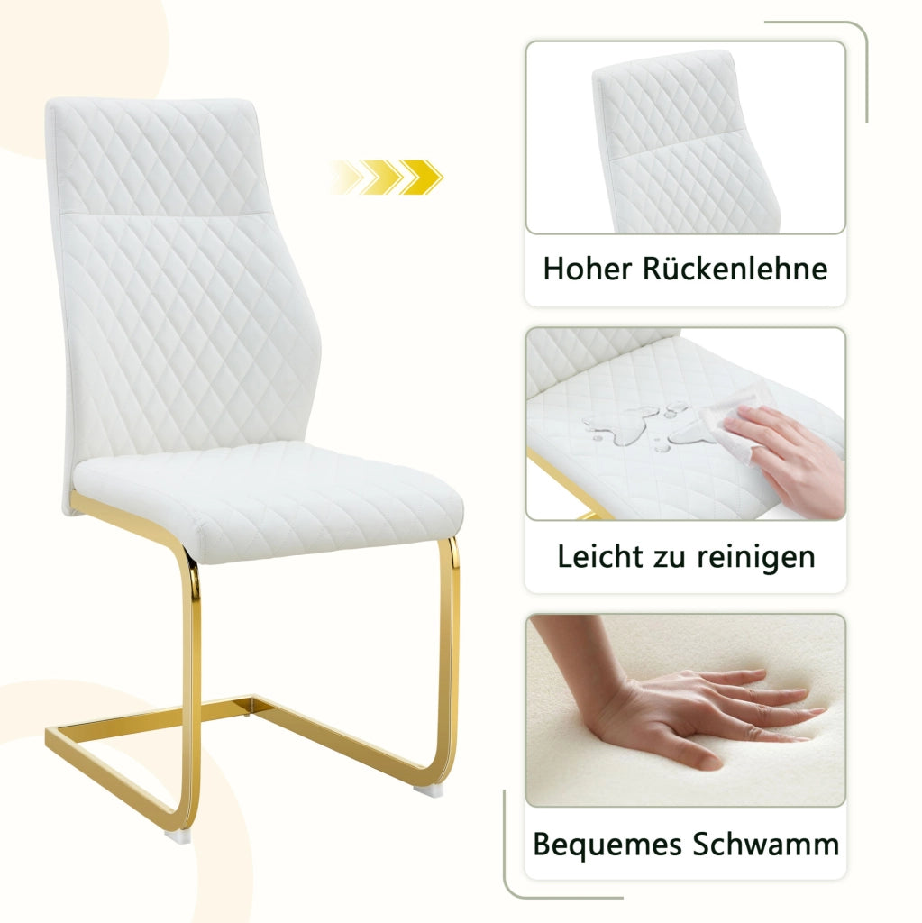 Set di 2 Sedie da Pranzo con Schienale Alto, Rivestimento in PU Bianco a Motiv Rombi e Struttura in Metallo Dorato Antiscivolo