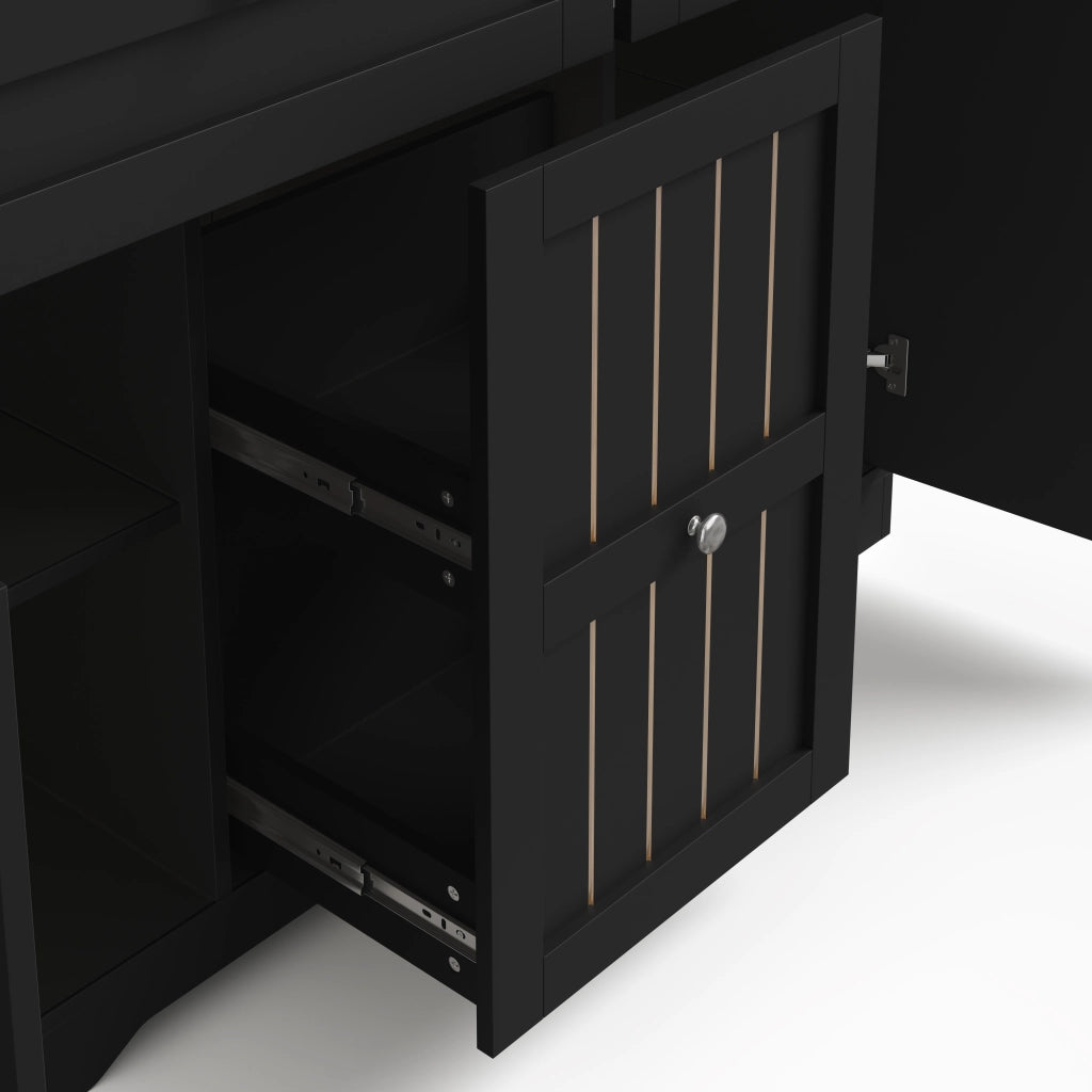 Isola da cucina, piano ribaltabile, con armadietti, rotelle, 2 cassetti, finitura effetto legno, nero