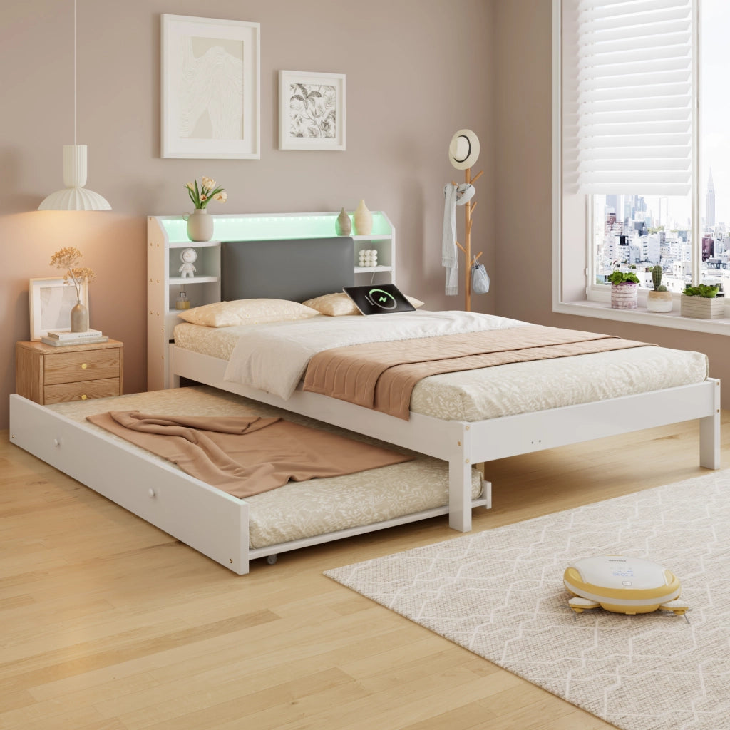 Letto 120x200 cm bianco con letto estraibile 90x190 cm; testiera imbottita; LED e ricarica