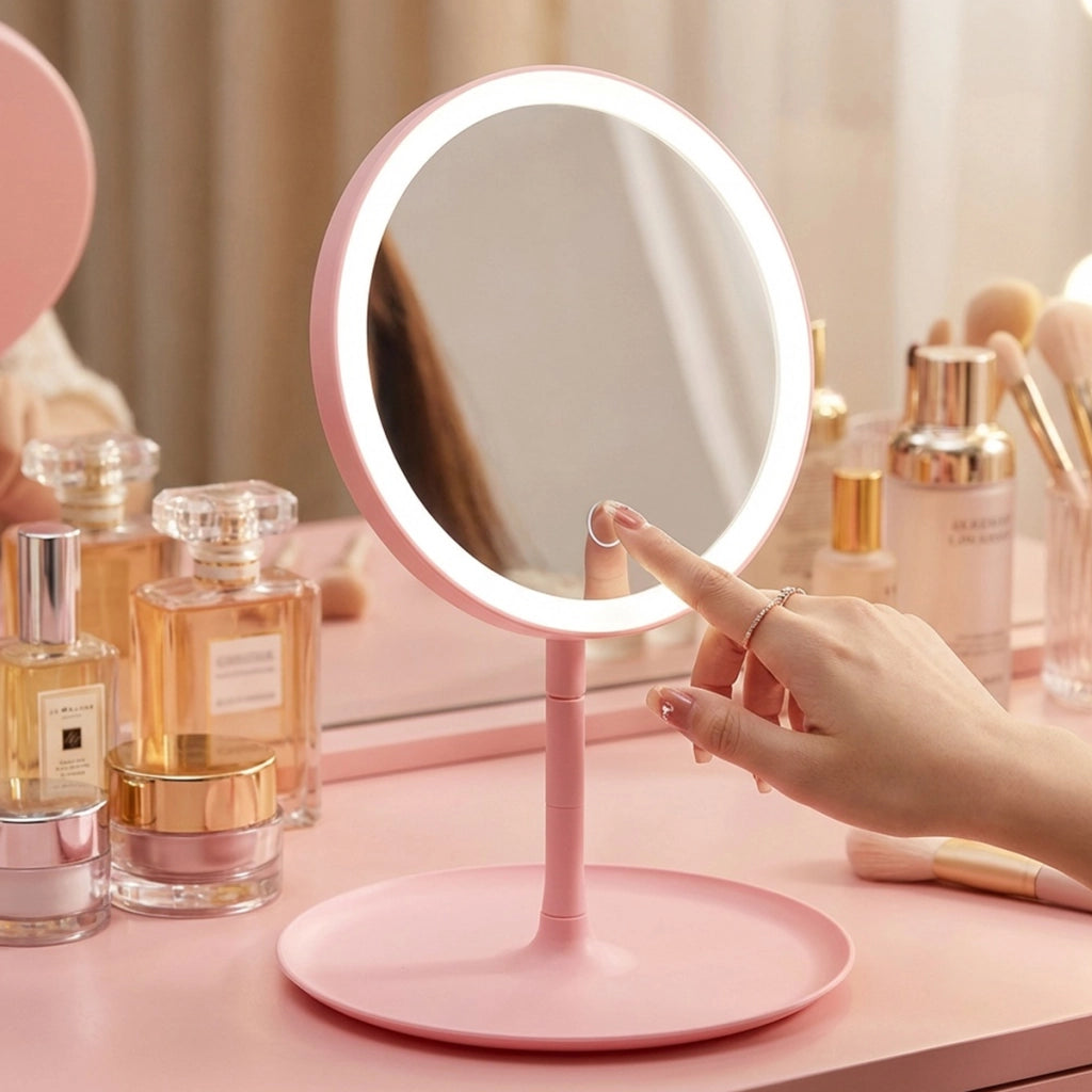 Specchio da trucco rotondo a LED con base e controllo frontale Rosa Avizar