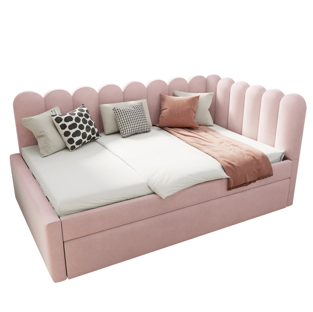 Divano letto angolare imbottito 140x200 cm con schienale floreale e letto estraibile in tessuto di velluto rosa