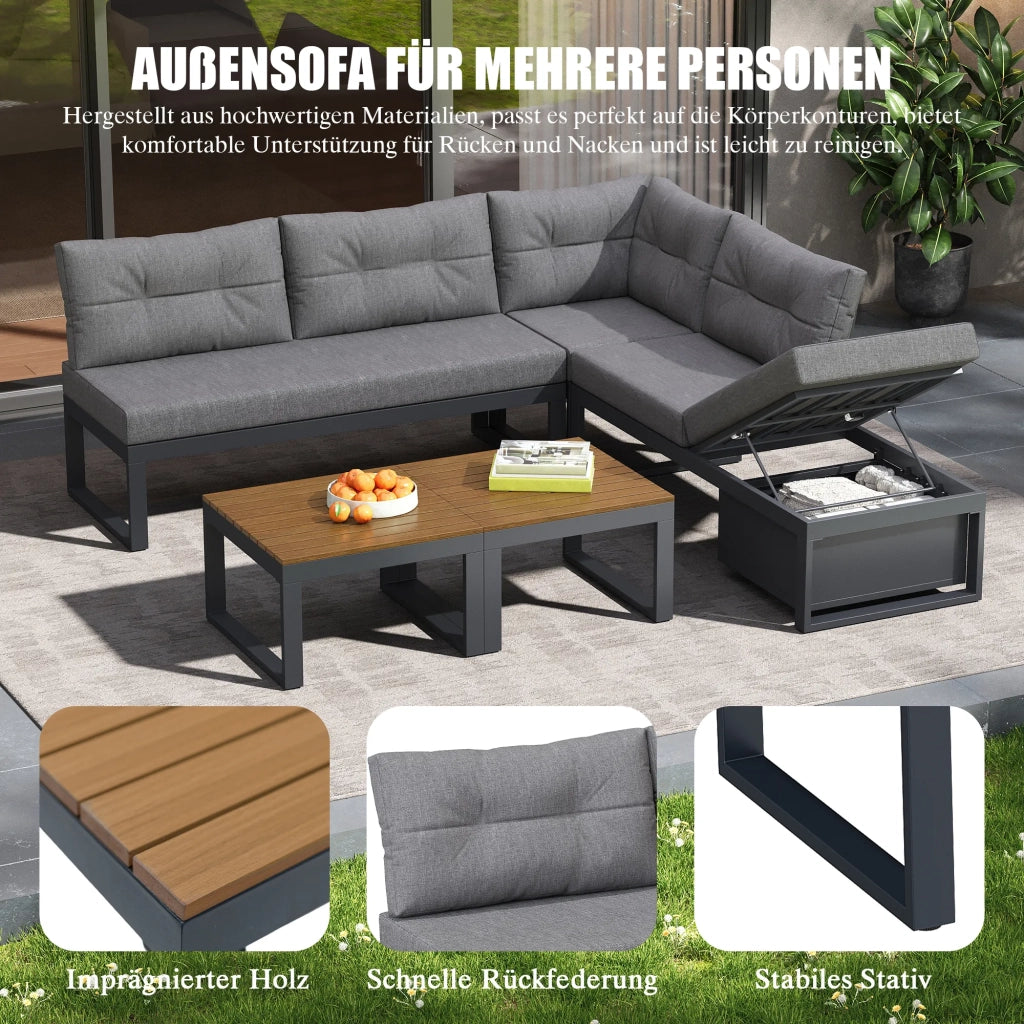 Set mobili da giardino multifunzione, schienale regolabile a 3 livelli con funzione reclinabile, cuscini spessi, vano portaoggetti, rivestimento in poliestere resistente alle intemperie, grigio scuro