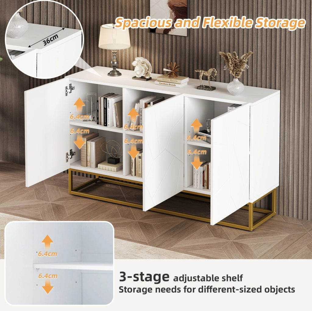 Sideboard moderno bianco in truciolato lucido 130x38x76 cm con 3 ante e ripiani regolabili