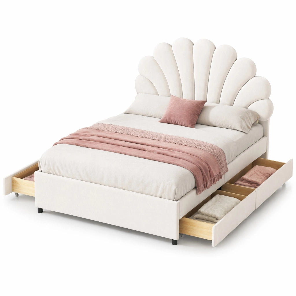 Letto matrimoniale imbottito 140x200 cm beige con 4 cassetti e testiera floreale