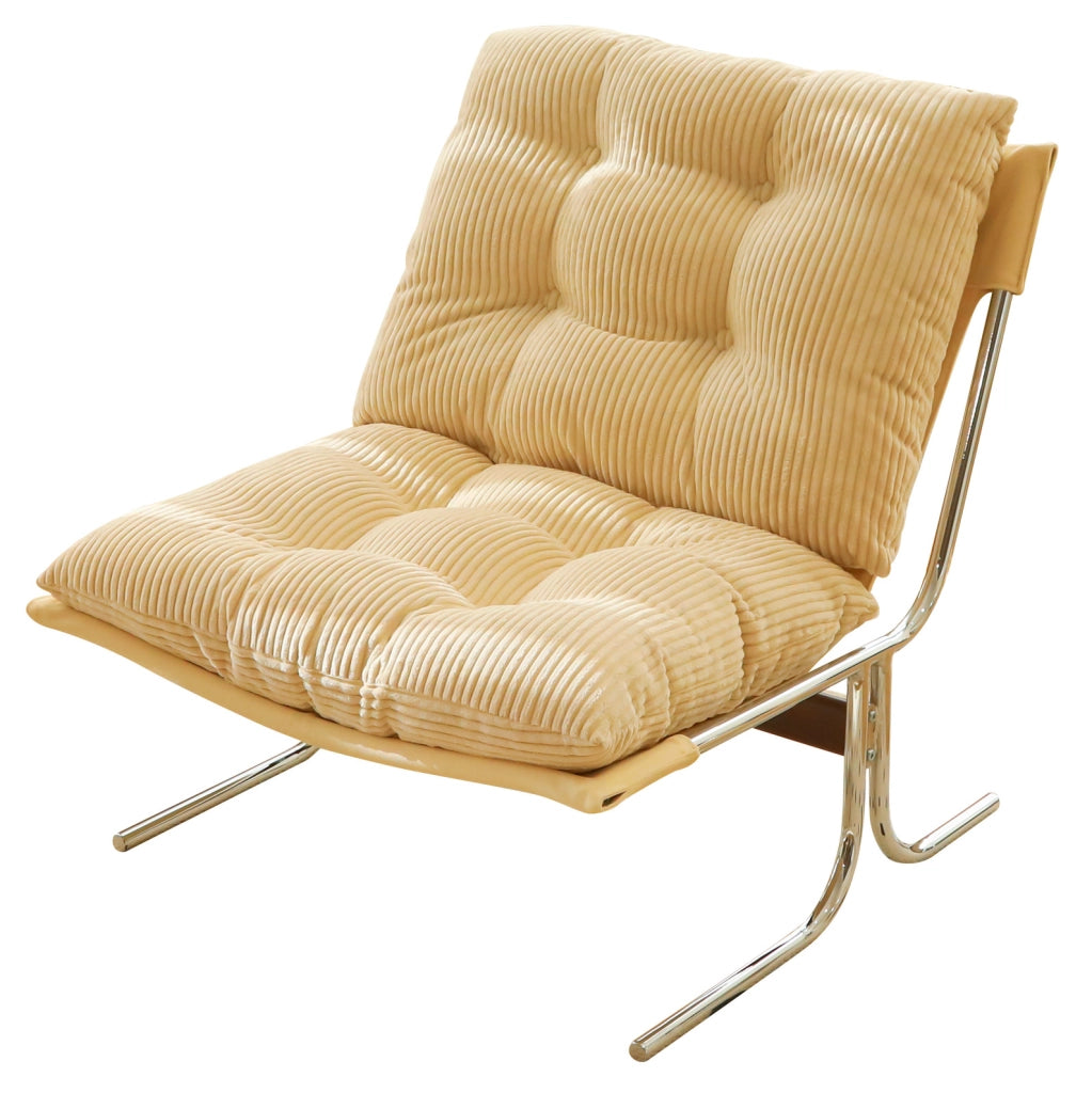 Sedia d'accento crema in velluto a coste con rivestimento removibile e gambe in metallo, stile Barcelona, 72x84x85 cm