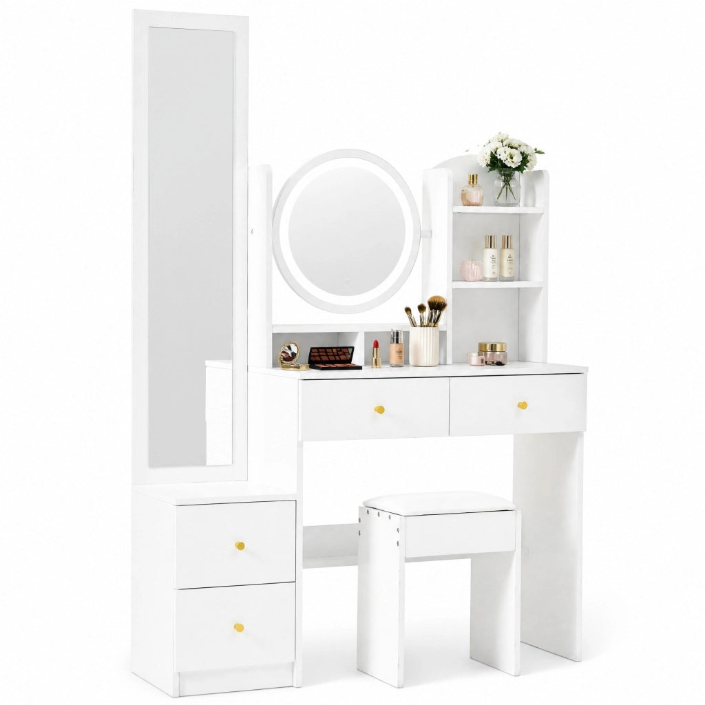 Toeletta 4 in 1 109x36x164 cm con specchio LED; specchio girevole; 4 cassetti e sgabello; bianco