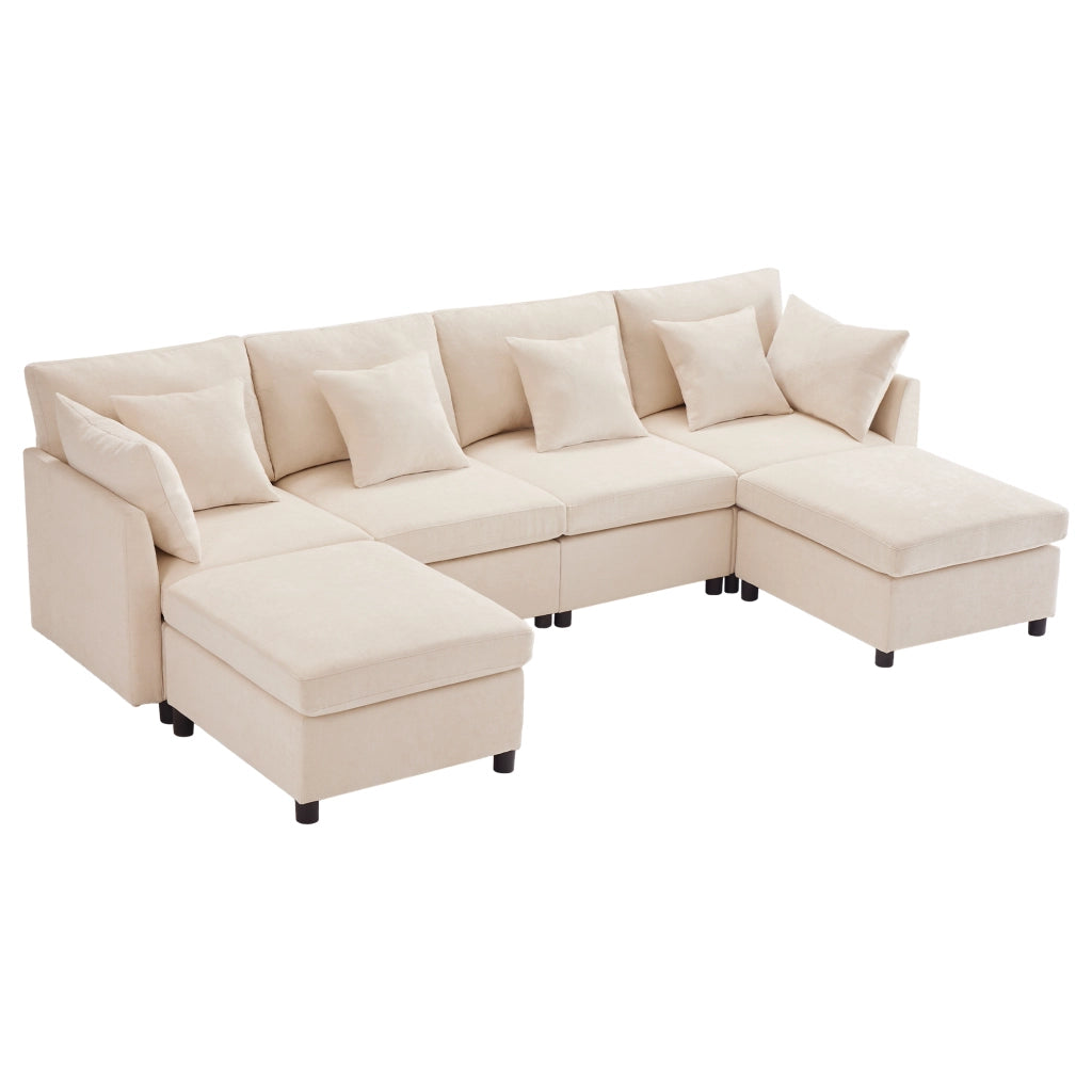 Divano modulare 4-6 posti trasformabile a U e L con 2 pouf e 6 cuscini in tessuto chenille beige, 278 × 161 × 81 cm