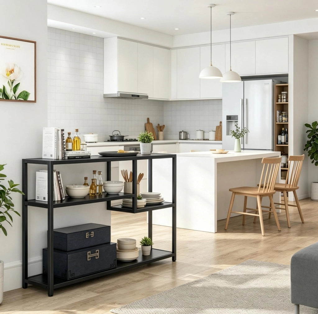 Tavolo Consolle Moderno Nero con Ripiani Aperti, Multi-livello, 110x30x85 cm