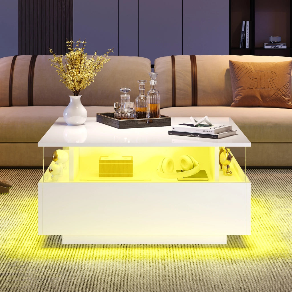 Tavolino da caff¨¨ 70x70x41 cm con LED, 2 cassetti in truciolare bianco
