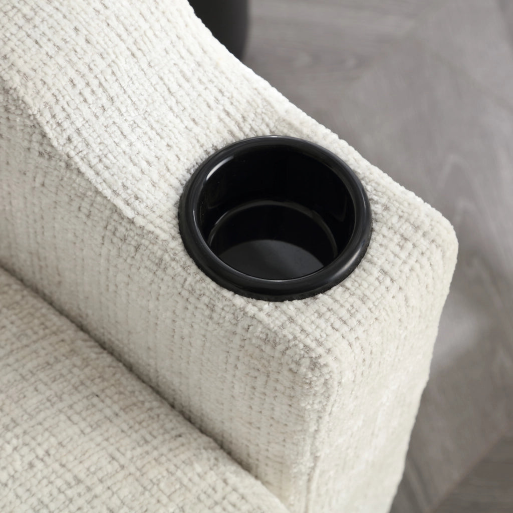 Divano 4 posti con pouf contenitore e portabevande in tessuto chenille beige