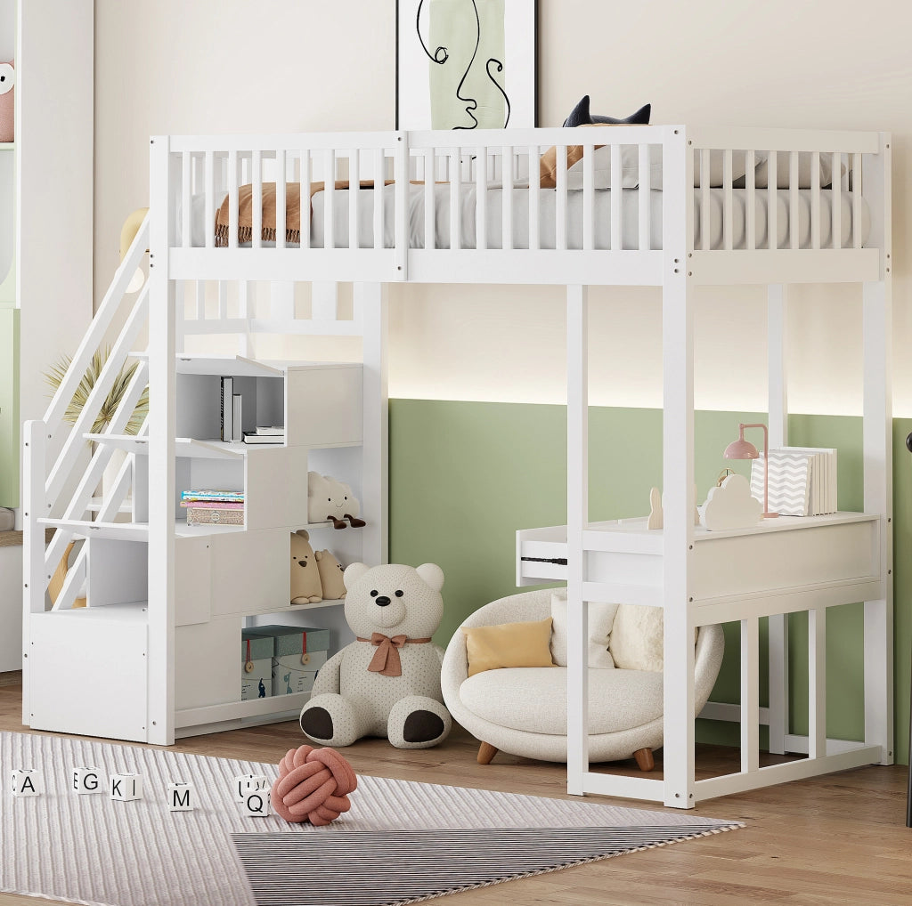 Letto a soppalco 90x200 cm con scrivania multifunzione e scala contenitore in pino massiccio bianco per bambini e ragazzi