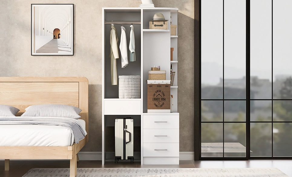 Armadio bianco 70x55x175 cm con ripiani multipiano e appendiabiti ampio