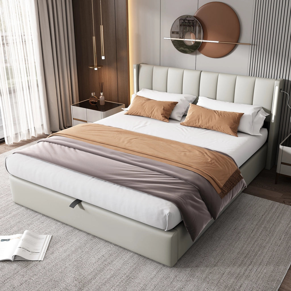 Letto contenitore LED 140x190 cm; matrimoniale con contenitore idraulico; USB; testiera regolabile; PU effetto ciottoli; grigio