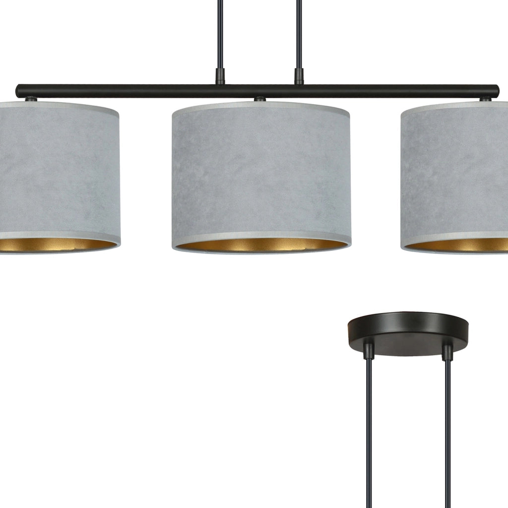 Lampadario 3 Luci Vinayaka In Acciaio Nero E Paralumi In Tessuto Grigio