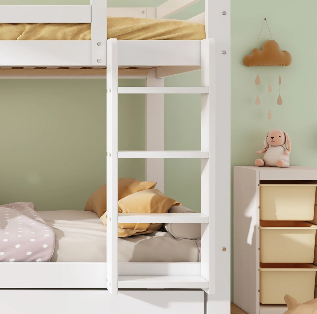 Letto a castello 90x200 cm bianco con 2 cassetti e ripiano integrato