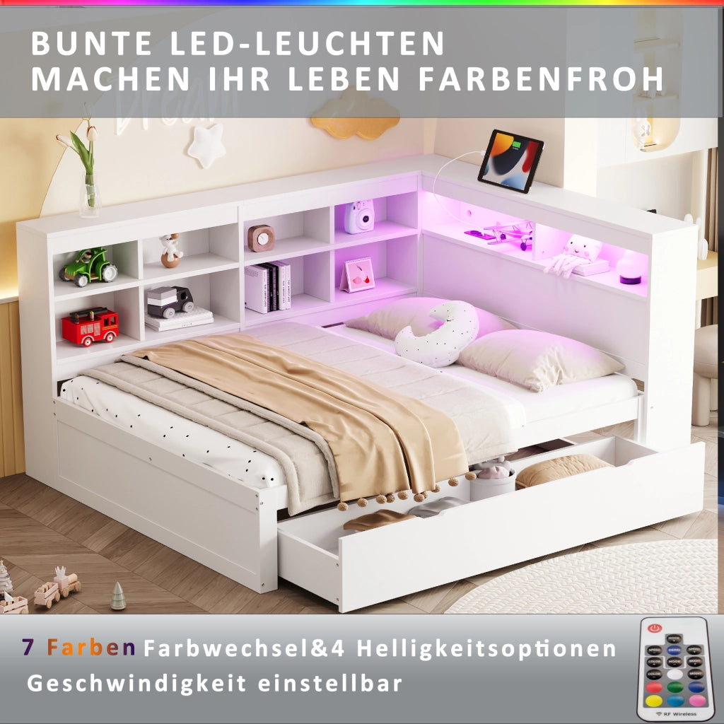 Letto contenitore matrimoniale 140×200 cm con USB; LED; ripiani e cassetti; senza materasso; legno; bianco