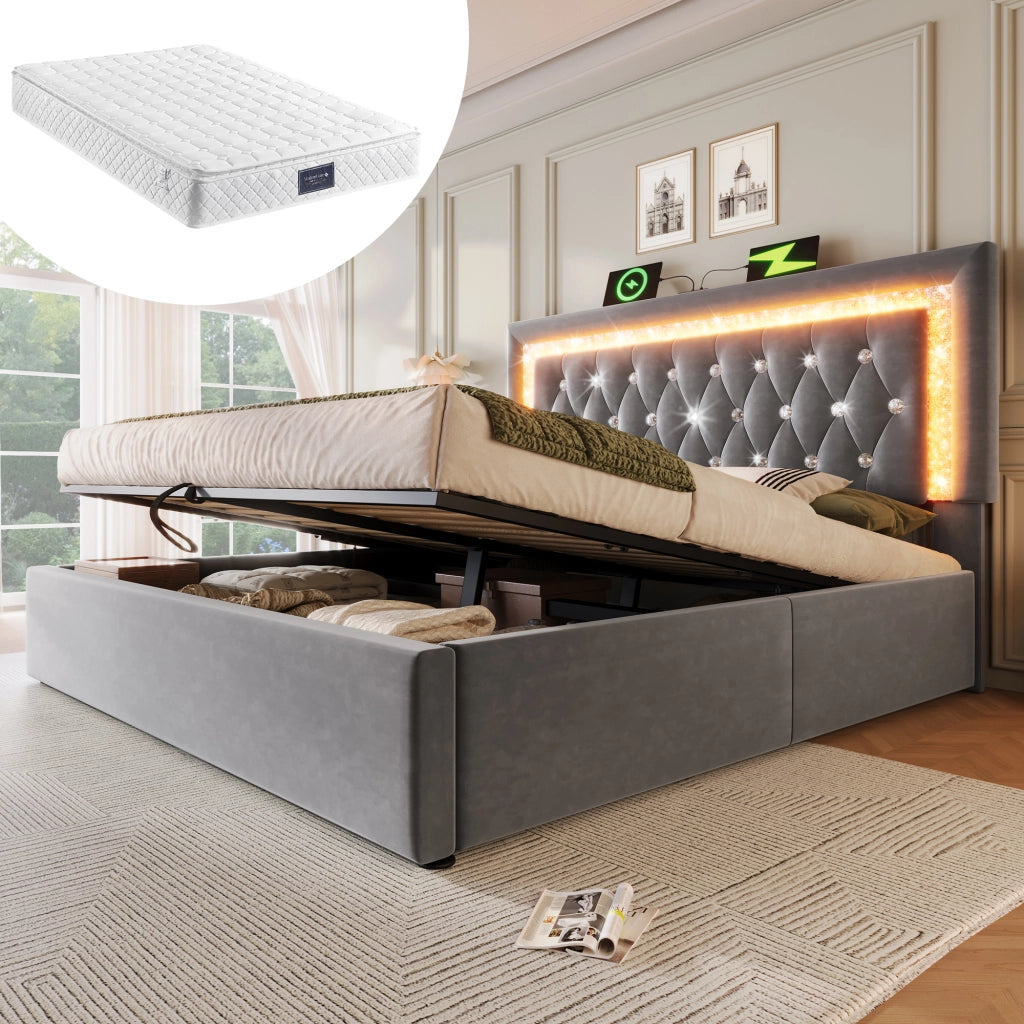 Letto matrimoniale con contenitore 140 × 200 cm imbottito in velluto grigio con LED USB e Type-C