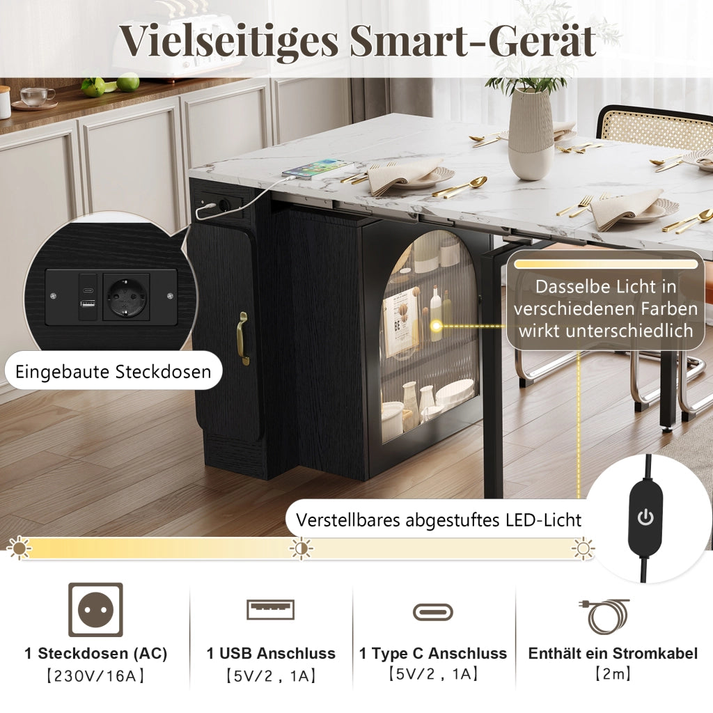 Tavolo allungabile per cucina e sala da pranzo con tre piani estraibili ruote nascoste LED e prese USB Type-C bianco e nero