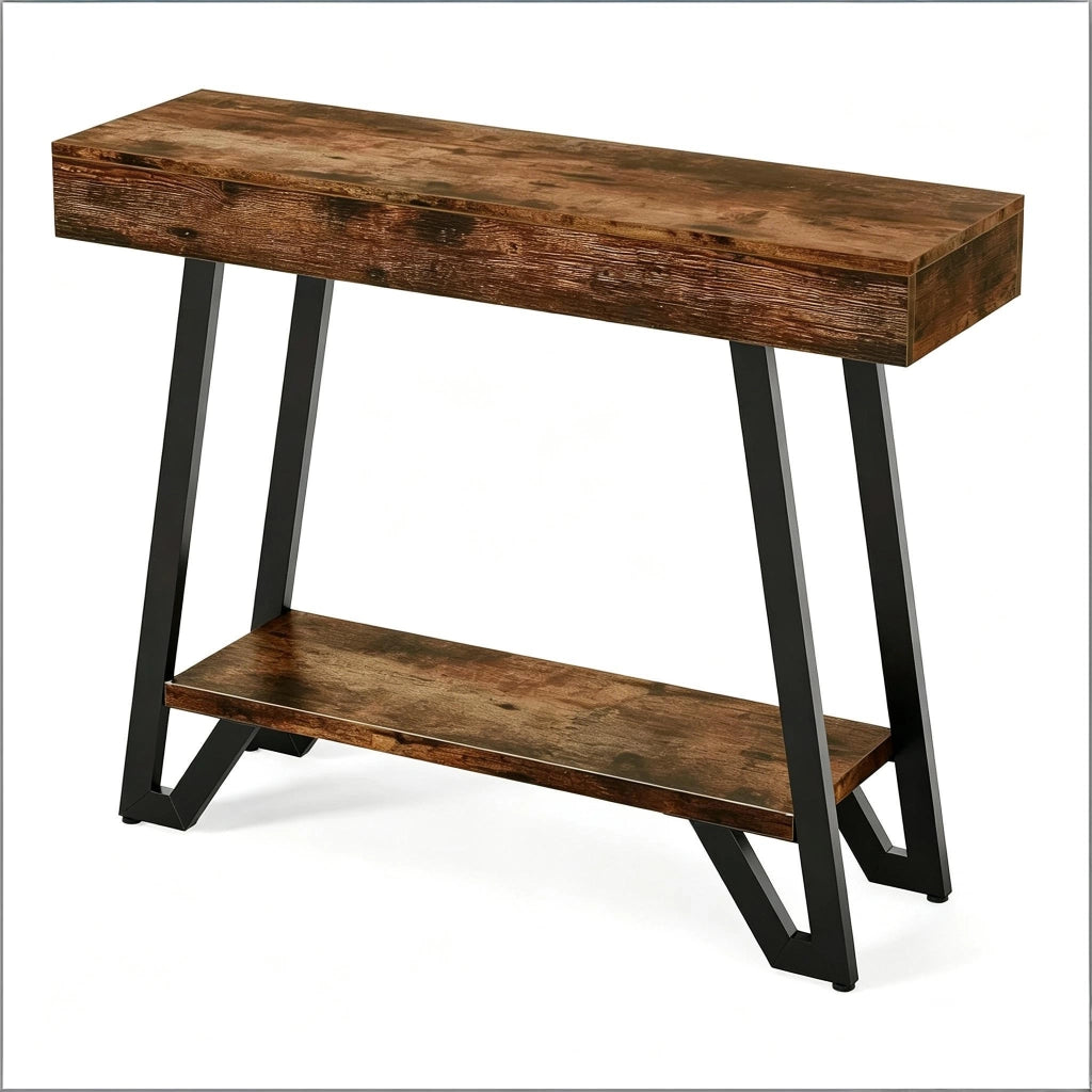 Tavolo consolle a due ripiani in stile vintage industriale in MDF e metallo nero e marrone rustico